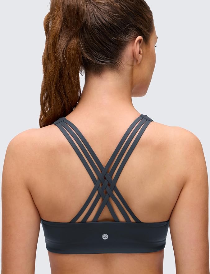 CRZ YOGA Butterluxe Multi-Strap Cross Back Sports Bras for Women - V Neck Padded Strappy Wireless Yoga Top