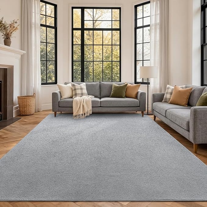 FinRèc 7x10 Washable Area Rugs for Bedroom Living Room, Low Pile Thin Rug Solid Color, Non-Slip Carpet Indoor for Home Decor (Pure Light Grey)