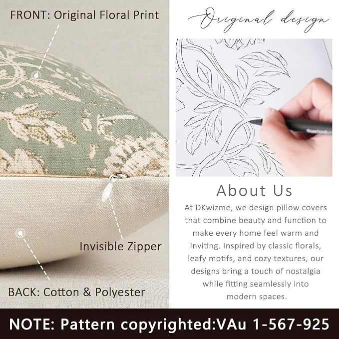 Vintage Floral Print Throw Pillow Covers 18x18 Set of 2 Neutral Modern Farmhouse Pillow Cases Accent Decorative Cushion Covers Boho Home Decor for Couch Sofa Chair Bed Living Room, Sage