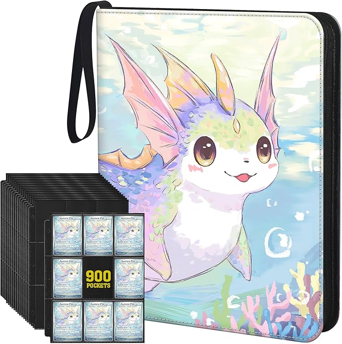 Trading Card Binder TCG, 900 Pockets, 50 9-Pocket Sheets, 3-Ring Refillable Album Fits Standard 2.5"×3.5" Cards, Zippered PU Cover, Acid-Free Top-Loading Pages, Wrist Strap - Axolotl Design