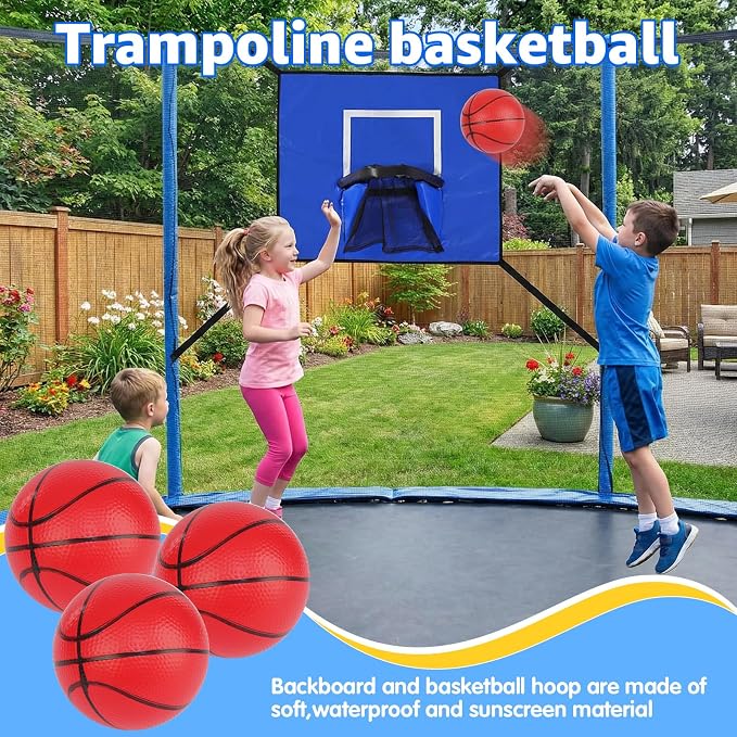 3-in-1 Trampoline Accessories Kit: 360°Rotating Water Sprinkler, 50FT Solar-Powered LED Lights & Kids Basketball Hoop with 3 Mini Balls / 8 Light Modes, Universal Fit for 8-16ft Trampolines