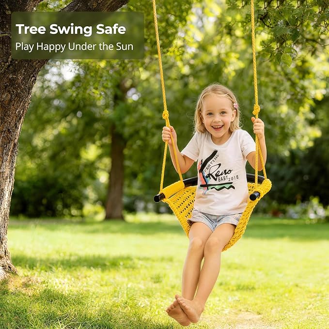 JKsmart Swing Seat for Kids Heavy Duty Rope Play Secure Children Swing Set,Perfect for Indoor,Outdoor,Playground,Home,Tree,with Snap Hooks and Swing Straps,440 lbs Capacity, Yellow