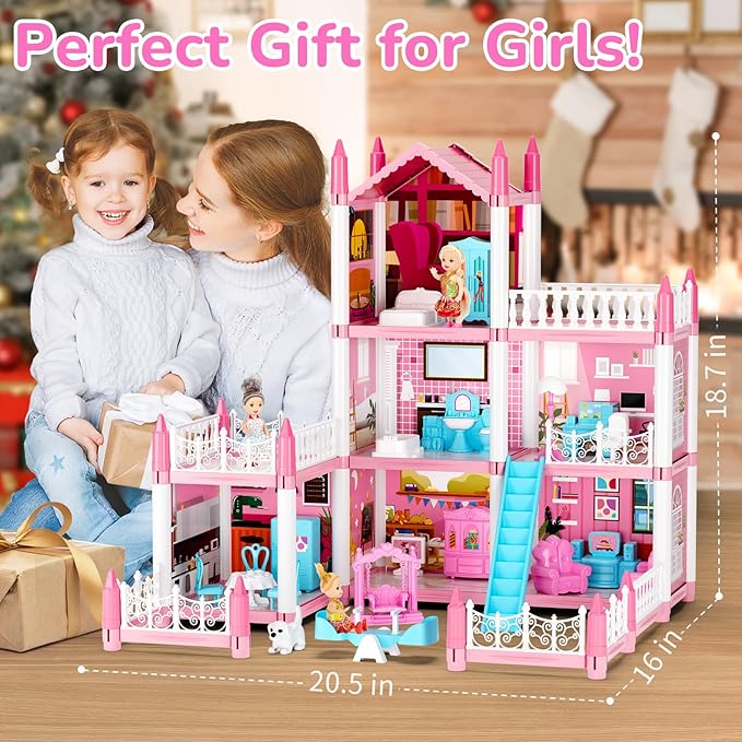 Doll House for Girls, DIY Dream Dollhouse with Furniture and Rooms Accessories, Miniature Pretend Playhouse with Lights, Building Princess House Dolls Playset Figures Toys Kit Gift for Ages 3+