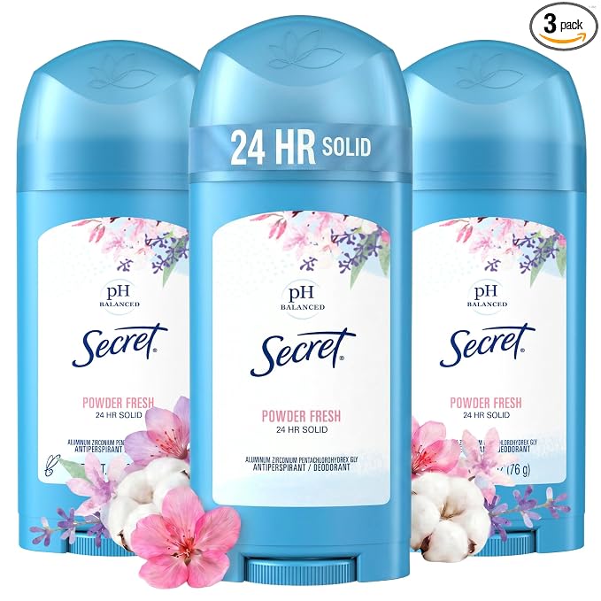 Secret Antiperspirant and Deodorant for Women, 24hr Sweat & Odor Protection, PH Balanced Protection, Gentle on Skin, Wide Solid, Powder Fresh Scent, 2.7 oz (Pack of 3)