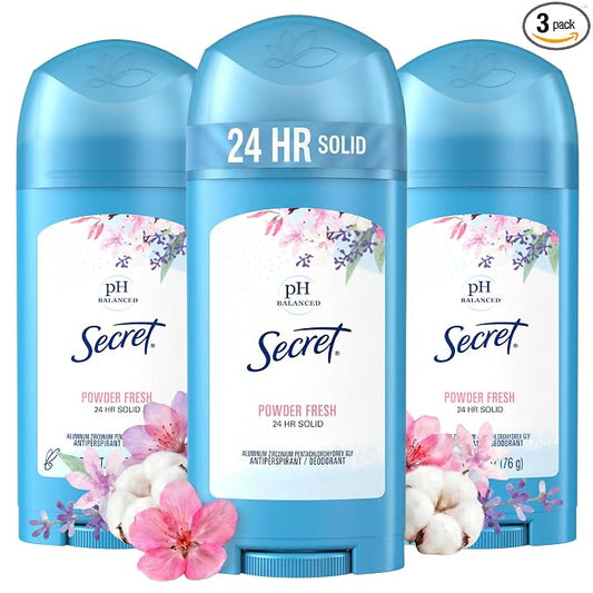 Secret Antiperspirant and Deodorant for Women, 24hr Sweat & Odor Protection, PH Balanced Protection, Gentle on Skin, Wide Solid, Powder Fresh Scent, 2.7 oz (Pack of 3)