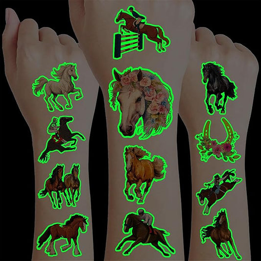 96 PCS Floral Cowgirl Horse Derby Pre-Cut Temporary Tattoos Birthday Party Favors Decorations Supplies Stickers Racing Pink Wild Horse Rodeo Cowboy Girls Boys Men Gift School Prizes Rewards (Luminous)
