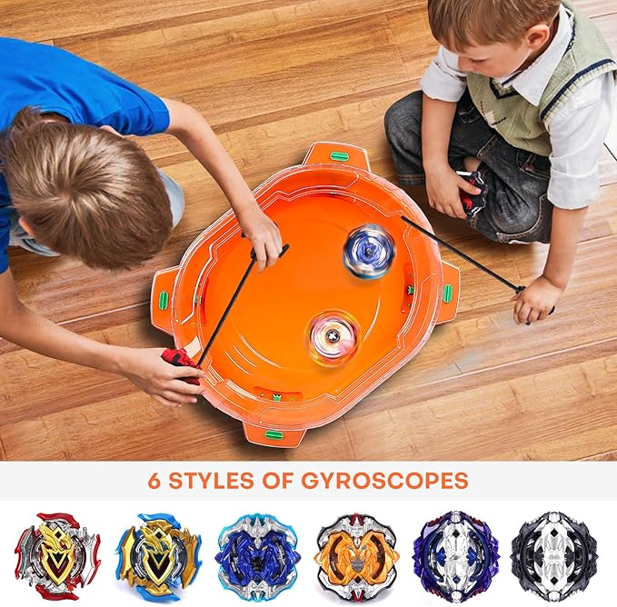 COCOFOX Battling Top Burst Toy Set, 6 Battling Tops 2 Launchers and 1 Stadium, Toys for 6 Year Old Boys & Girls & Up（Orange）