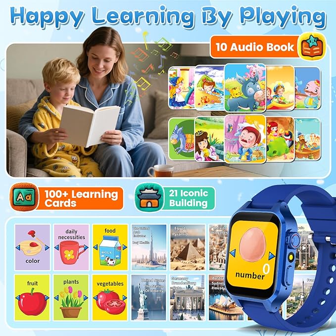 Smart Game Watch for Kids with 32 Games, Telescopic Camera, Pedometer, Alarm, Video, Music, Auidobook, Learn Card, Parental Control, Kids Wrist Watch for Ages 4-12 Girls Boys Chrismars Birthday Gifts