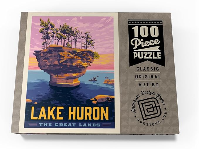 MyPuzzle Great Lakes: Lake Huron, Vintage Poster - Premium 100 Piece Jigsaw Puzzle for Adults