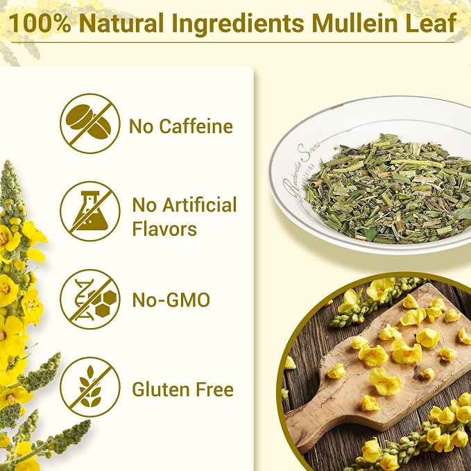 Mullein Tea Bags for Lungs, 100% Pure Mullein Leaf Tea for Lungs Cleanse and Respiratory Support, Caffeine Free, No Additives, Non-GMO (1 Pack/100 Bags)