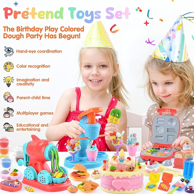 WeeHomm 4 in 1 Color Dough Set Kitchen Creations with Ice Cream/Cake/Noodle/Hamburger Maker Machine, Arts Crafts Play Food Toys Tools Kit for Boys Girls Kids Toddlers Ages 3+ , 24 Dough