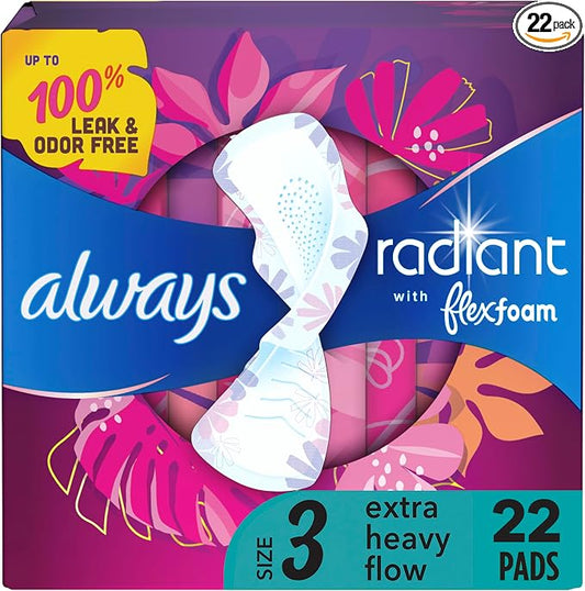 Always Radiant Feminine Pads For Women, Size 3 Extra Heavy Flow Absorbency, With Flexfoam, With Wings, Scented, 22 Count