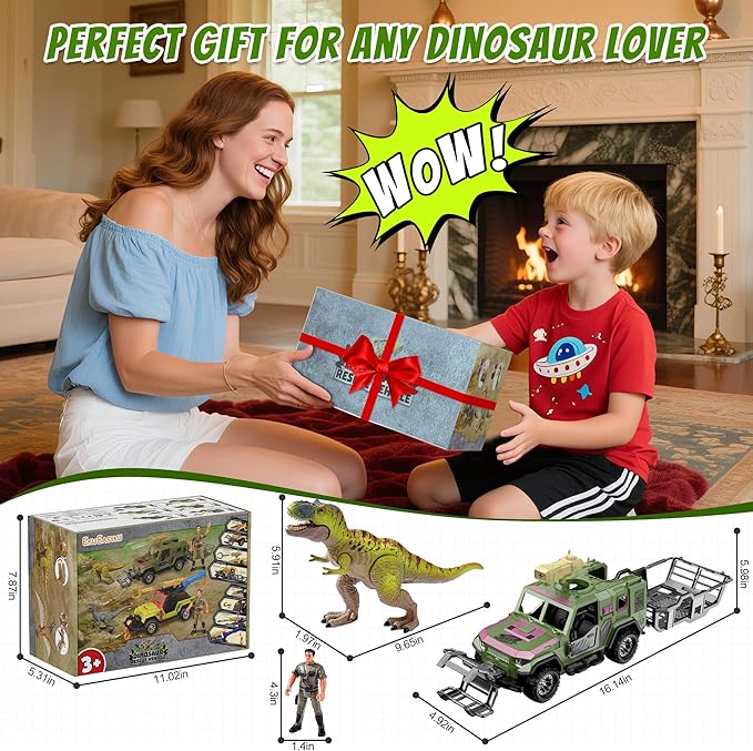 EKU Dinosaur Transport Truck with Trailer and 10 Sounds, Launcher, Clamp, Chomping T-Rex Figure, Human, Carrier, Push and Go Adventure Vehicle for Jurassic World Toys Pretend Play Gifts for Kids 3+