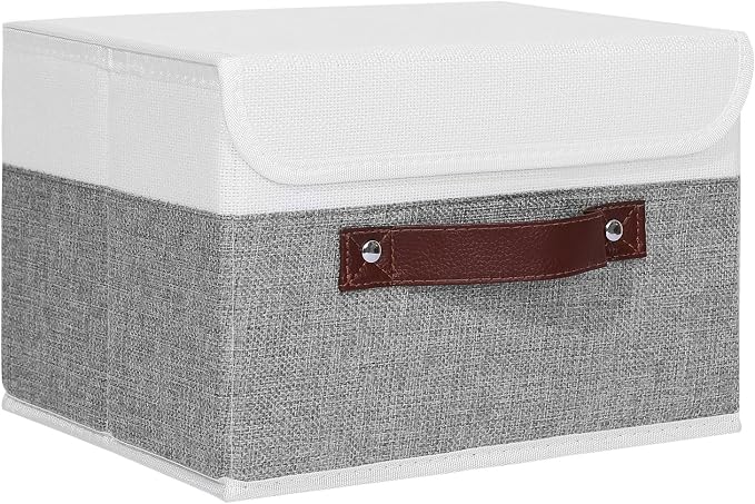 ANMINY Fabric Storage Box Bins with Lids, Gray White, 10"x8"x7" | Keepsake Memory Storage, Cotton Linen, PP Board Reinforced, Washable, PU Handles, Foldable & Stackable, Decorative, Small