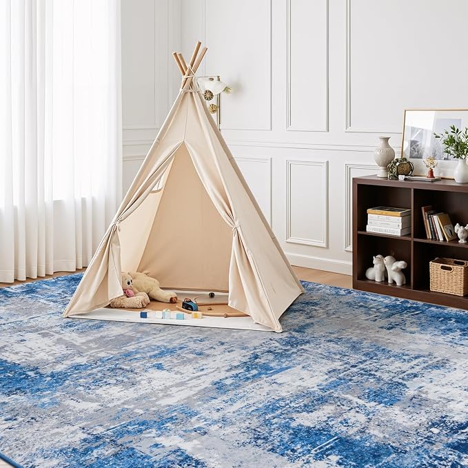 Rugflix 5x7 Area Rugs for Living Room, Washable Blue Grey Large Rug | Machine Washable; Stain-Resistant; Low Pile; Non-Slip; Modern Abstract; Carpet for Bedroom Dining Office Nursery Home