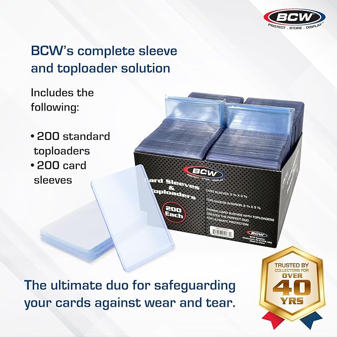 BCW Card Sleeves and Toploaders for Card Combo - 200 Count | Top Loaders and Acid-Free Penny Sleeves | Great for Football, Magic: The Gathering, Pokémon, and Baseball Card Protectors