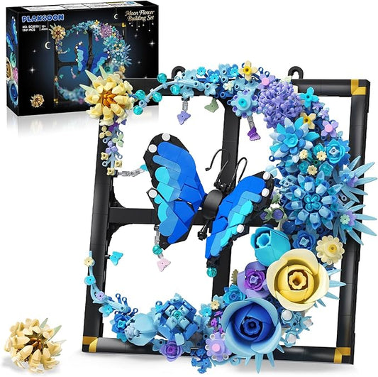 Moon Flower Building Set with Lights, 1141 PCS Wall Botanical Flowers Building Block Kit with Butterfly, Floral Plant Collection Office Home Decor, Gift for Her Adults Women Boys Girls 12+