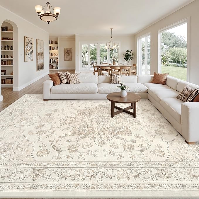 Area Rugs 9x12 Living Room: Vintage Boho Neutral Washable Rug Indoor Soft Large Area Rug Carpet for Bedroom Nursery Farmhouse Dining Room Office Floor Non-Slip Low Pile Under Table Rug Beige White