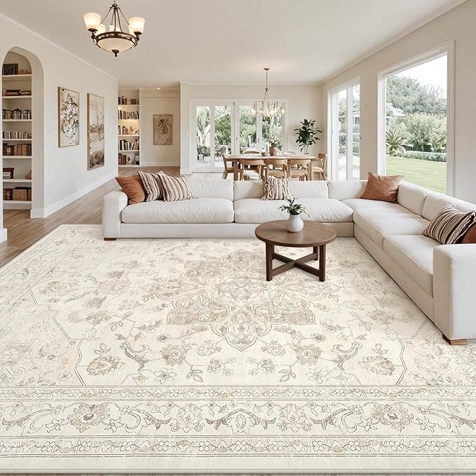 10x14 Area Rug for Living Room: Vintage Boho Neutral Washable Rug Indoor Soft Large Area Rug Carpet for Bedroom Nursery Farmhouse Dining Room Office Floor Non-Slip Low Pile Under Table Rug Beige White