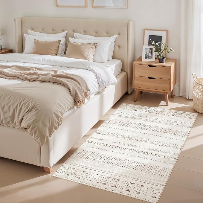 cotiled 3x5 Area Rugs Living Room Rug: Washable Boho Rugs with Non Slip Backing Small Soft Indoor Stain Resistant Carpet for Bedroom Farmhouse Dining Room Lightweight Home Decor L Brown/Cream