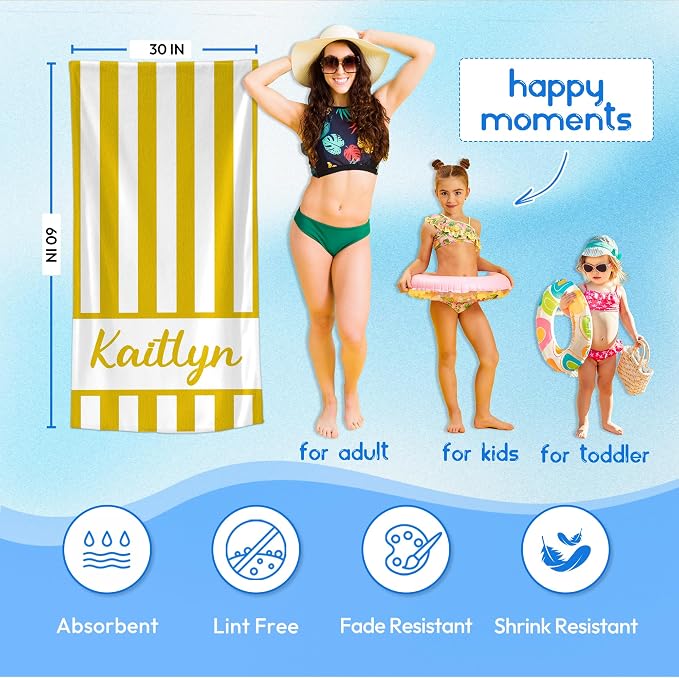 JML Personalized Beach Towel with Name, Custom Cabana Stripe Beach Towel, Customized Microfiber Pool Towel, Quick Dry & Absorbent Swim Towel for Adult,Anniversary, Birthday, Summer Holiday,Vacation
