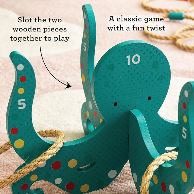 Petit Collage: Happy Octopus Wooden Hoopla - Wooden Carnival Ring Toss Game with Rope Rings - Perfect for Indoor or Outdoor Play - Great Birthday Party Activity or Gift for Kids Ages 3+