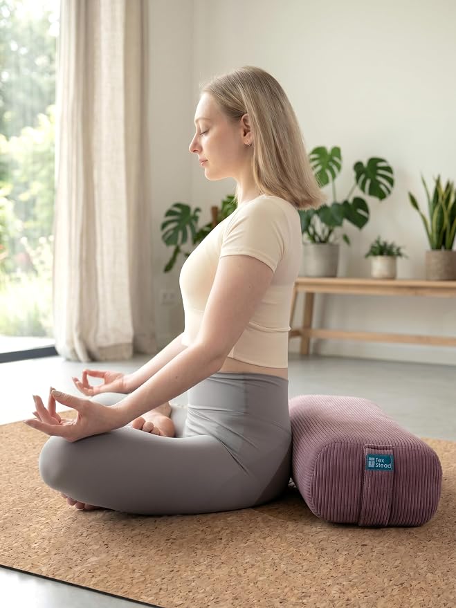 Yoga Bolster Pillow for Meditation and Support - Rectangular Foam Cushion with Removable Corduroy Cover, Machine Washable Suede-like Pillowcase & Convenient Carry Handles for Men Women Purple