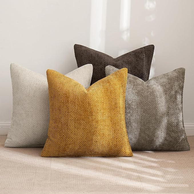 MIULEE Decorative Chenille Fall Pillow Covers Gold Brown 16x16 Pack of 4 | Rustic Home Decor, Earth Tones Set, Couch Throw Pillows, Farmhouse Boho Cushion Covers for Sofa Bed Living Room