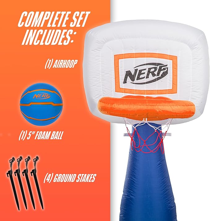 NERF AirHoop Kids Inflatable Basketball Hoop Set - Instant Blow Up Youth Mini Hoop + Foam Basketball - Plug in Inflation in 10 Seconds - 4.5' Feet Kids Toy Basket + 5" Inch Mini Ball