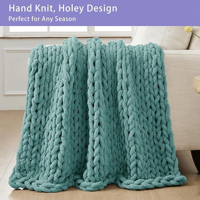 Bigacogo Chunky Knit Throw Blanket for Couch, 51x63 inches, Light Teal | Hand Knit with Jumbo Chenille, Soft Breathable Cable Knit for Sofa Bed Living Room, Machine Washable, Gift for Mom Friend