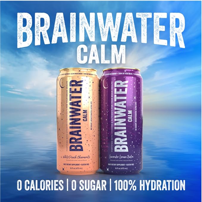 BrainJuice BrainWater Calm, Water for Clean Energy, Focus & Relaxation Support, Gluten Free, Zero Sugar Drinks with Ashwagandha, Alpha GPC, Vitamin C & B, Organic Green Tea, 8 Pack (Lavender Lemon)