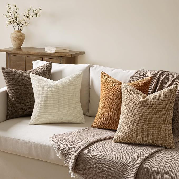 MIULEE Decorative Chenille Fall Euro Pillow Covers Brown 22x22 Pack of 4 | Rustic Home Decor, Layered Brown Collection, Couch Throw Pillows, Farmhouse Boho Cushion Covers for Sofa Bed Living Room