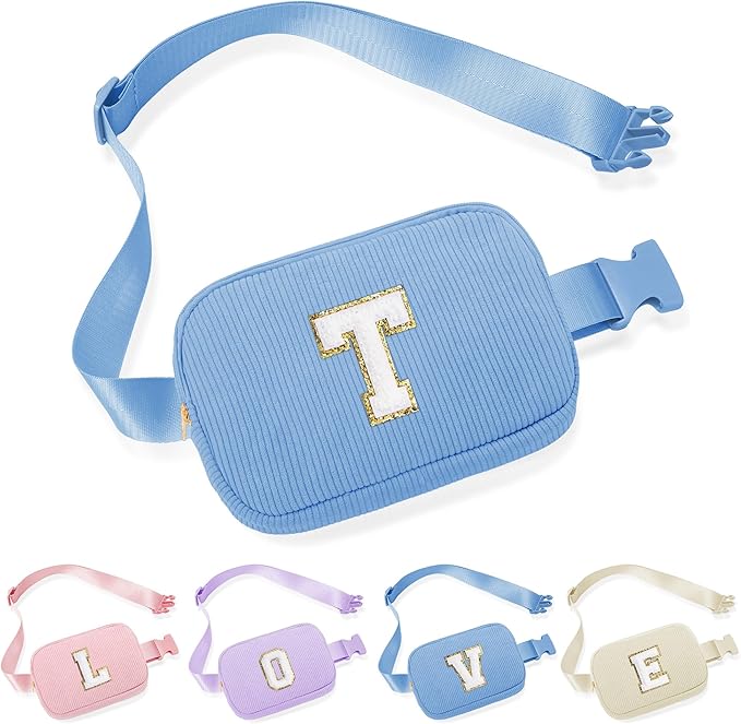 YOOLIFE Birthday Gifts for Girls, Fanny Packs for Kids Cross Body Birthday Gifts for 4 5 6 7 8 9 10 11 12 13 14 Year Old Girls Small Initial Blue Cross Body Belt Bag for Sister Daughter Gift (Blue T)