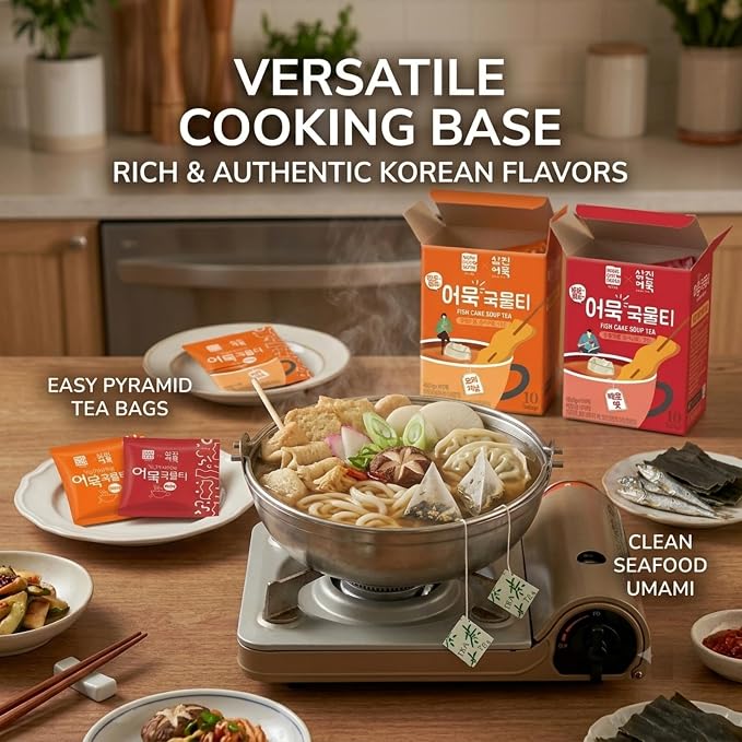 Spicy Korean Fish Cake Soup Tea Bags, Hot Anchovy Kelp Broth Tea, Korean Soup Base for Tteokbokki, Udon and Hot Pot, Warm Savory Eomuk Broth Drink, 10 Tea Bags