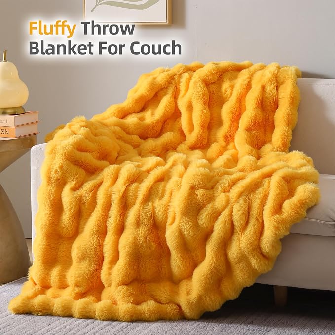 Faux Fur Throw for Couch - Mustard Yellow Bubble Blanket 60"x80" | Fluffy Plush Fuzzy Throw for Sofa & Bed, Super Soft Cozy Comfrt Blanket, Luxury Aesthetic Yellow Decor Gift for Women