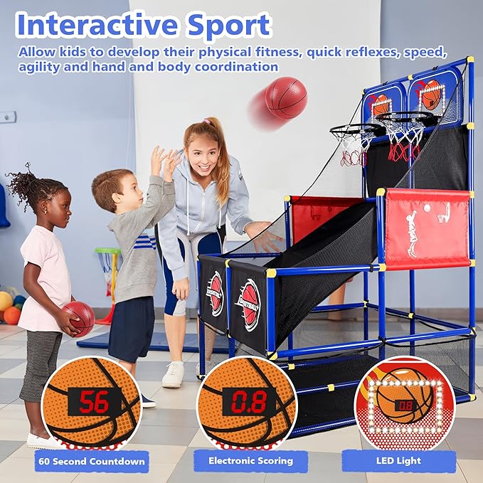M SANMERSEN Kids Double Basketball Hoop Arcade Game Set with 6 Balls Electronic Scoreboard LED Light, Indoor & Outdoor Play, Birthday/Halloween for 3-8 Year Old Boy and Girl