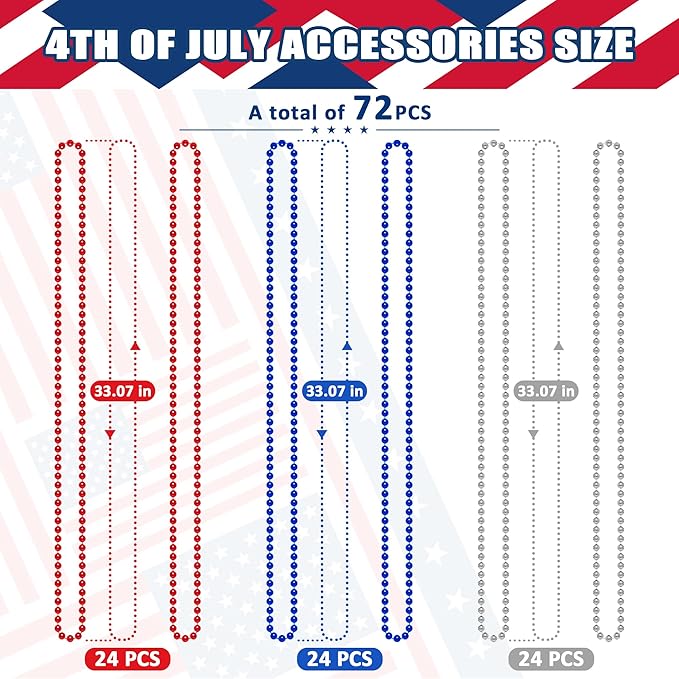 4th of July Necklace Accessories, 72PCS Independence Day Beads Necklace Bulk, Round Fourth of July Red Blue Silver Beads Party Favors, Bead Bulk for Patriotic Parade Party Celebration