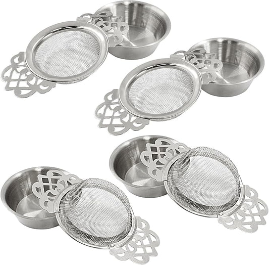 4 Pack Tea Strainers with Drip Bowls, Stainless Steel Tea Strainer Bowl Loose Leaf Tea Filter for 2.5-4 Inch Cup Mouth (Sliver)