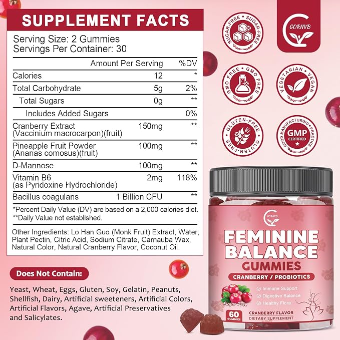 GORNVB （2 Pack） Premium Feminine Balance Gummies for Women, Support pH Balance & Vaginal Probiotics Health Gummies with Cranberry Pineapple Powder, D-Mannose, Sugar Free, Gluten Free, Vegan