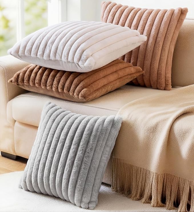 Pack of 2 Throw Pillow Covers 20x12 Decorative Solid Plush Faux Fur with Soft Velvet Back, Square Striped Cushion Cases Modern Farmhouse Home Decor for Living Room Couch Sofa Bed Neutral Gray