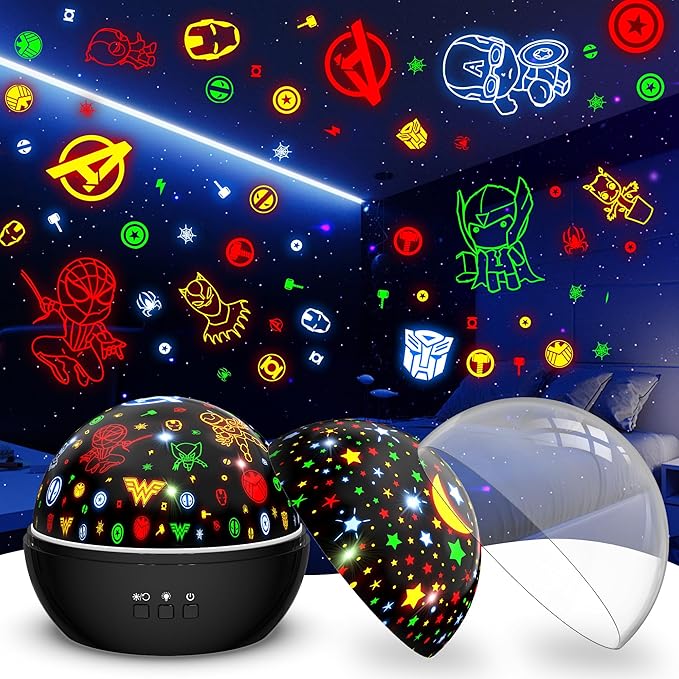 MOKOQI Super Hero Night Light for Boys | Spiderman Night Light and Star Projector 2-in-1 | Avengers Light Projector for Kids Bedroom Decor | Superhero Toys Gifts for Boys 4-6