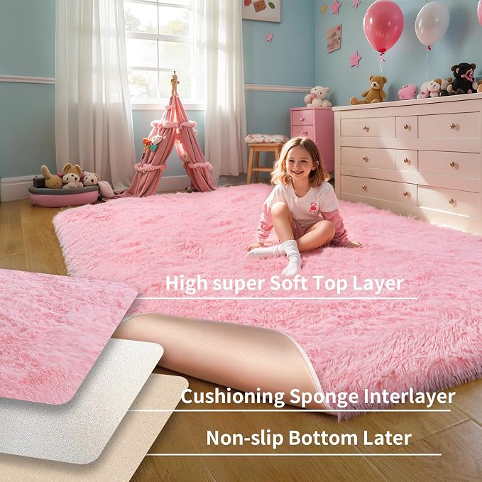 3x5 Thick Pink Fluffy Shag Rug for Girls Bedroom, Plush Carpet | Area Rug for Living Room, Kids Nursery, Boys Dorm Room, Machine Washable Shaggy Floor Carpet