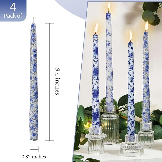 10 inche Floral Candle Sticks Printed Candlestick 4 Pack Blue and White Porcelain Unscented Taper Candle Long Blue Flower Tapered Candles for Home Dinner Wedding Holiday