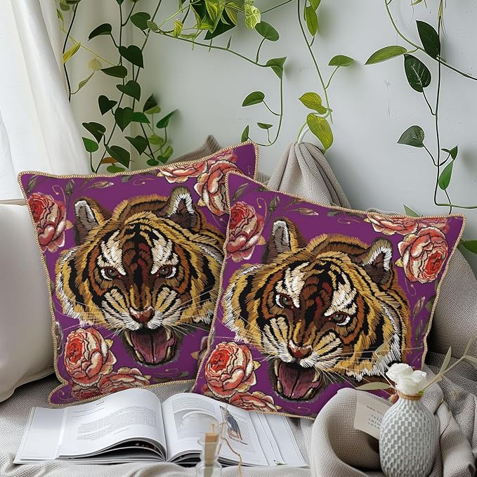 Tiger Flower Purple Velvet Pillow Covers 16x16 Inch Pink Floral Animal Throw Pillows for Couch Cushion Covers Pillowcase Farmhouse Modern Pillow Cases for Sofa Bed Living Room Bedroom