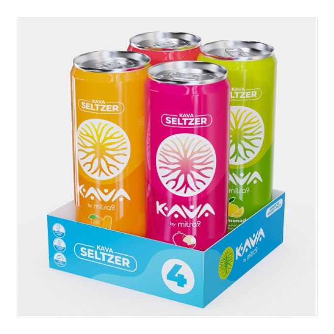 Mitra9 | Variety Pack Kava Seltzer - Sparkling Relaxation Drink | 4-Pack | Non-Alcoholic Alcohol Alternative | 500mg Kava Root Extract | Low Calorie, Plant Based Stress Relief & Calm | 12 fl oz Cans
