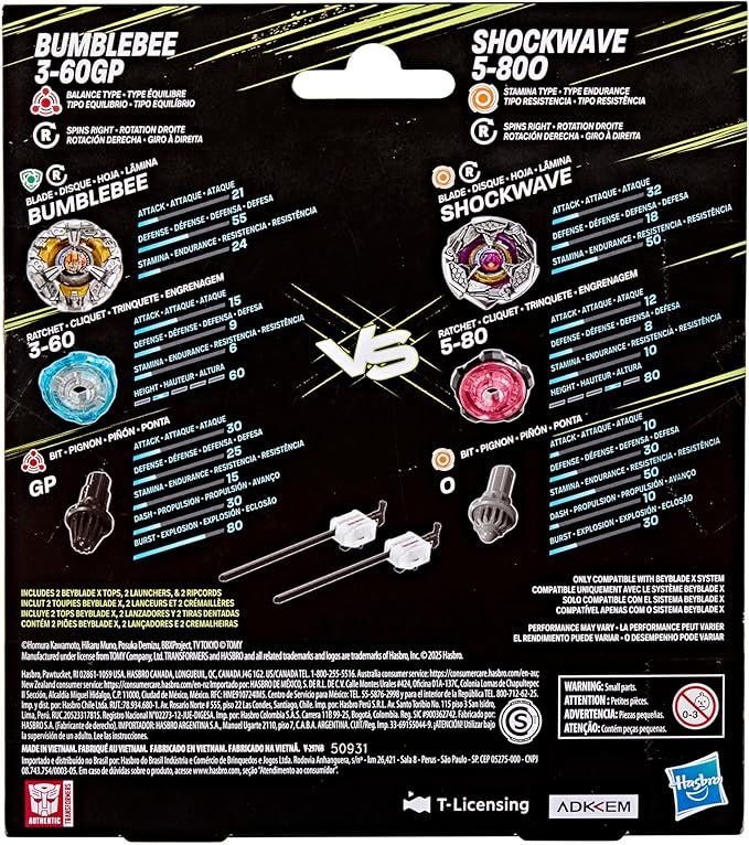 Beyblade X and Transformers Collab, Bumblebee 3-60GP vs. Shockwave 5-80O, 2 Takara Tomy Tops, 2 Launchers, Battling Top Game Toys, Ages 8+ (Amazon Exclusive)