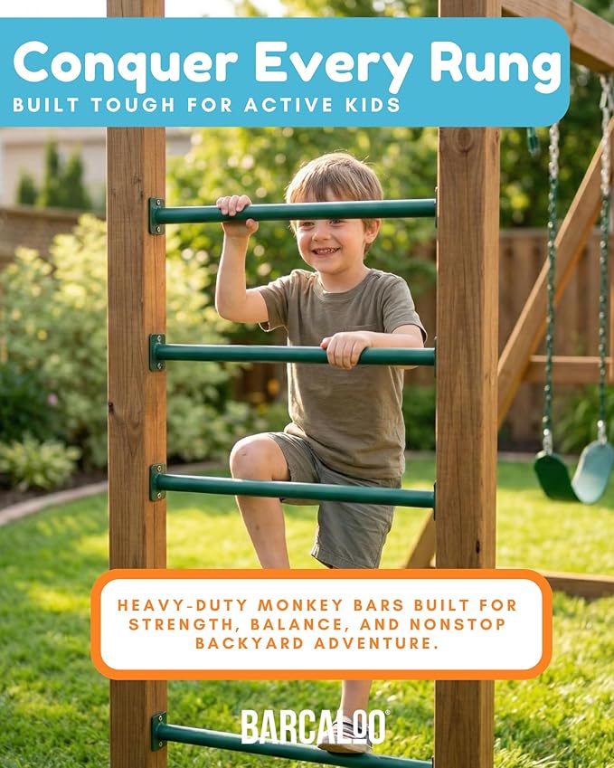 Barcaloo 30 Inch Outdoor Monkey Bars for Backyard - Set of 6, Green Metal Outdoor/Indoor Monkey Bars for Kids - Playground Ladder, Climbing or Swing Set - Kit Includes Mounting Plates & Hardware