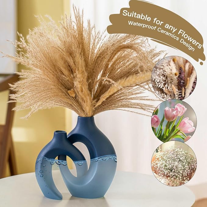 Lvases Snuggle Hollow Ceramic Flower Vase of 2, Minimalist Nordic Boho Vase | 8.4" Matte Navy Blue Home Decor Vase for Modern Aesthetic Ins Style Living Room Coffee Table Centerpieces Pampas Grass Dec
