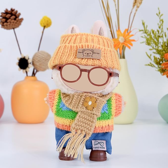 Knit 17cm Doll Clothes Accessories Set Include: 1 Hat, 1 Sweater, 1 Pants, 1 Scarf, 1 Glasses and 1 Shoes for Dress up Your Dolls (Doll Not Included), Knit #1