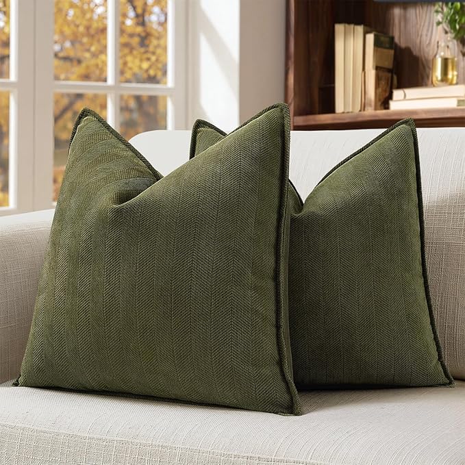 MIULEE Pack of 2 Olive Green Euro Shams Chenille Pillow Covers 26x26 Inch | Decorative Soft Couch Throw Pillows,Farmhouse Cushion Covers,Elegant Design for Sofa,Bed,Living Room,Summer Decor